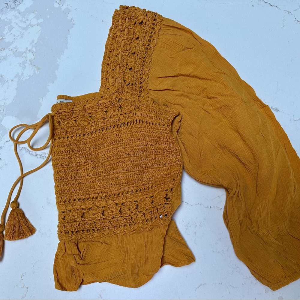 American Eagle Mustard Crochet Peasant Blouse - Picture 5 of 5